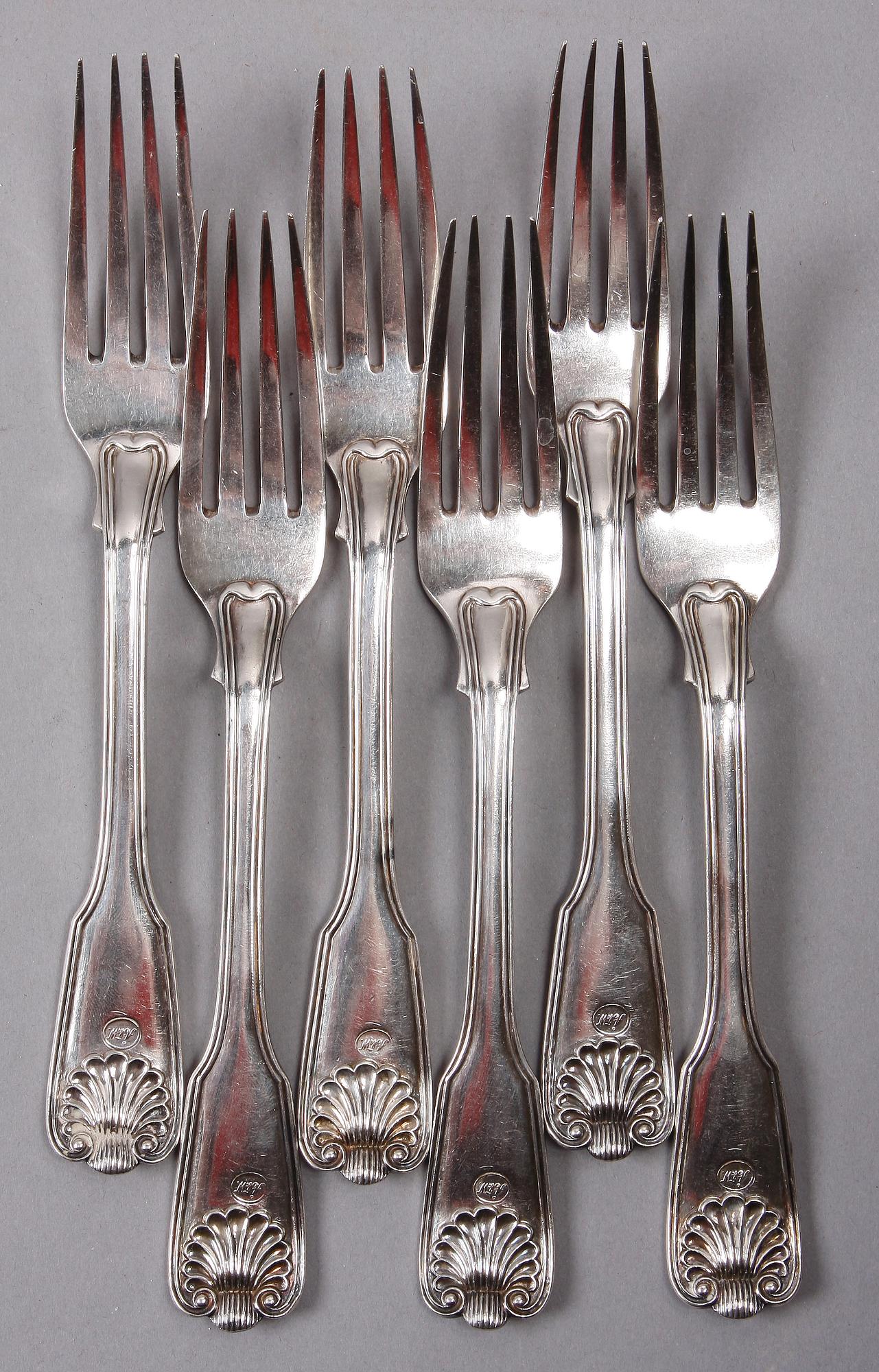 BESTICK, 11 st, silver, "Snäck", Möllenborg Stockholm. 1800-tal.
