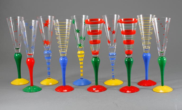 CHAMPAGNEGLAS, 10 st, "Clown", Anne Nilsson, Orrefors, 1900-talets slut.