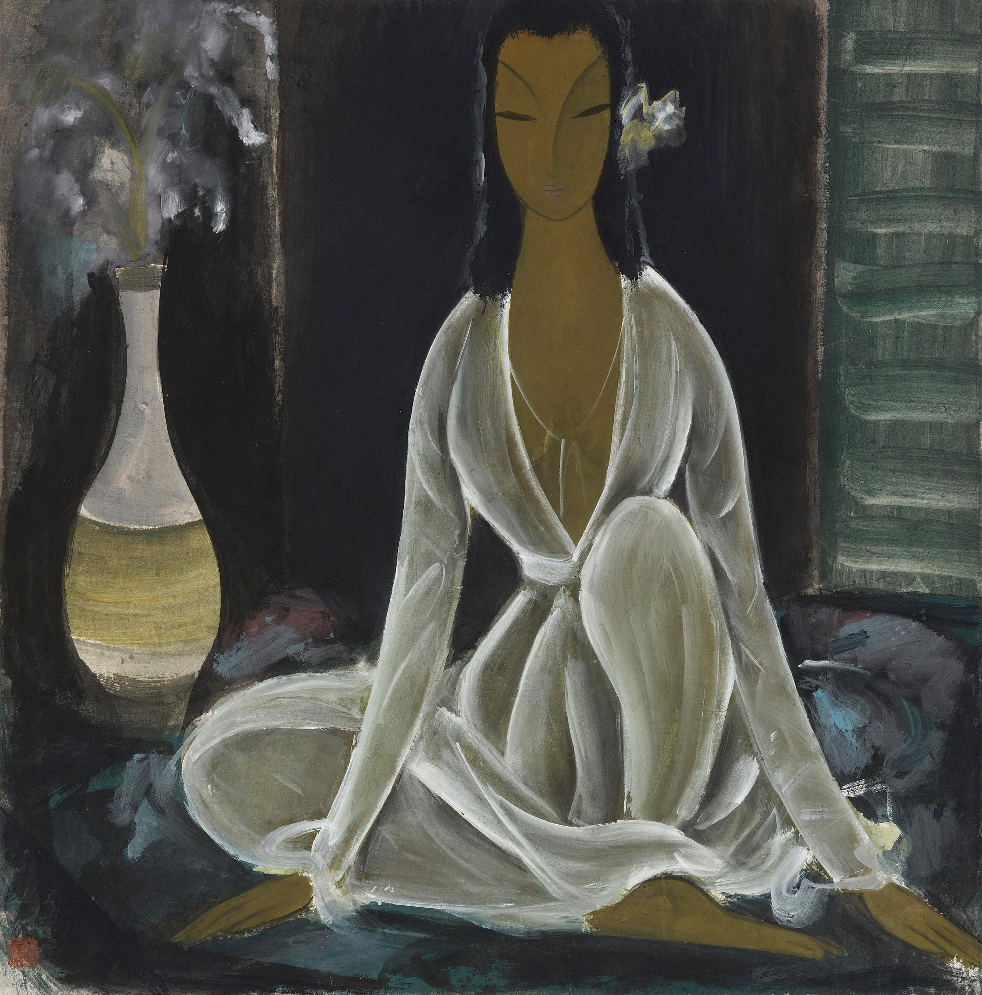 Lin Fengmian, 'Lady in white with vase'.
