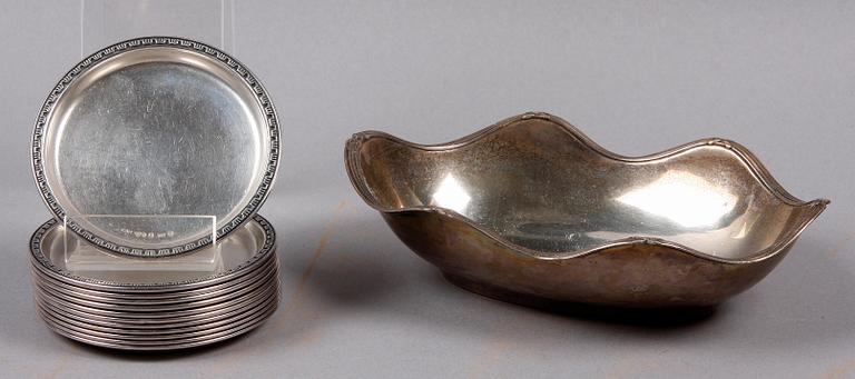 GLASUNDERLÄGG, 12 st, samt SKÅL, silver. Bl.a GAB.