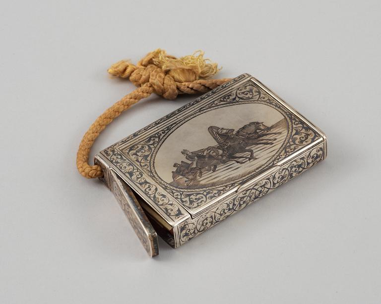 A Russian parcel-gilt and niello cigarette-case, unidentified makers mark, Moscow 1899-1908.