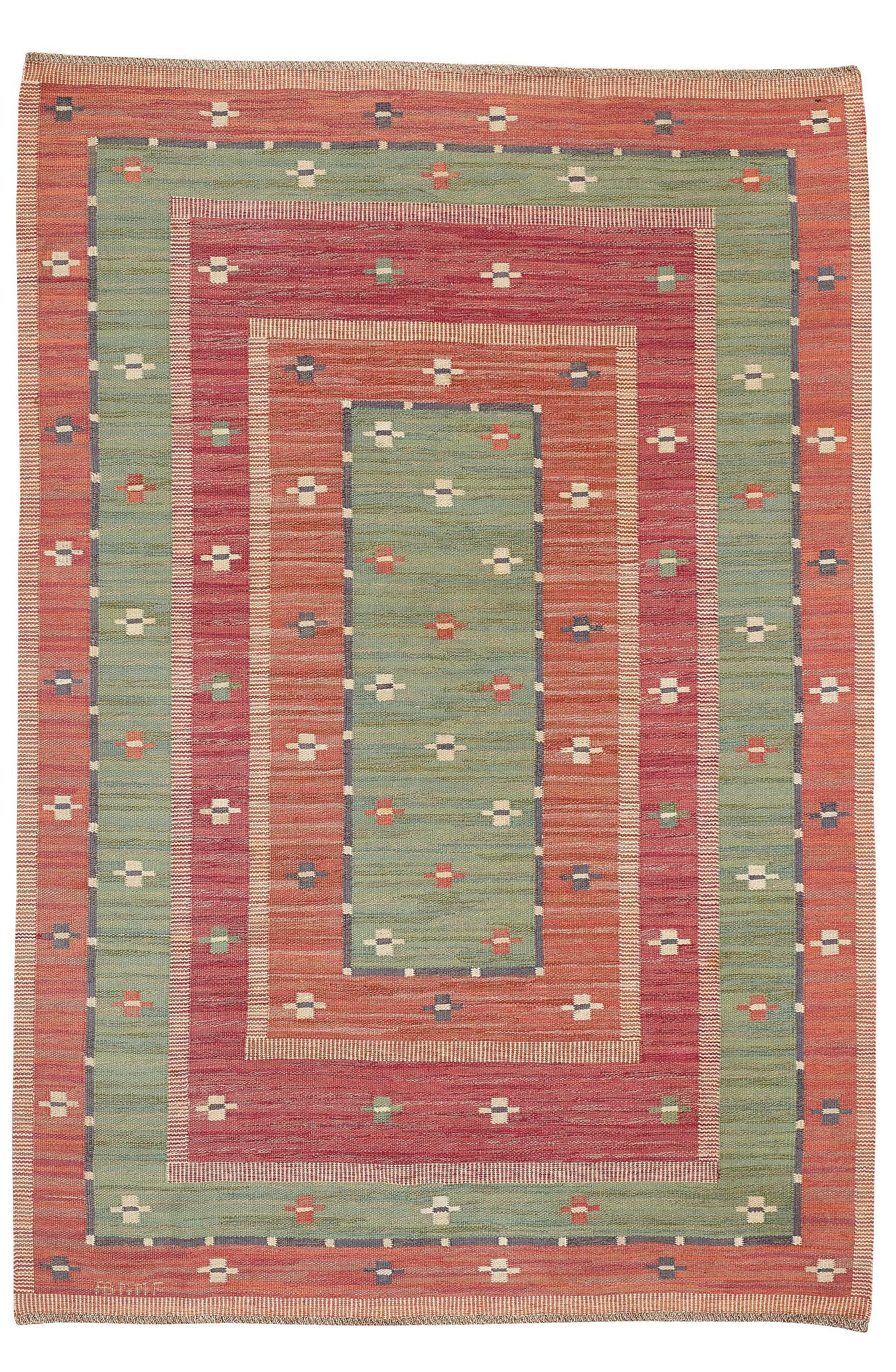 Märta Måås-Fjetterström, Matta, "Röda Bårdmattan", med grönt, rölakan, ca 292-293 x 194-200,5 cm, signerad AB MMF.