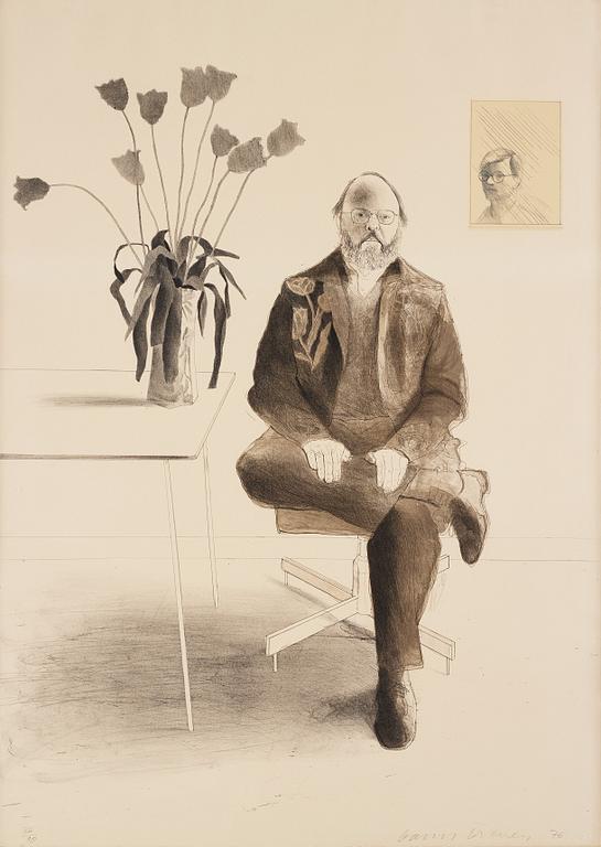 David Hockney, "Henry seated with tulips".