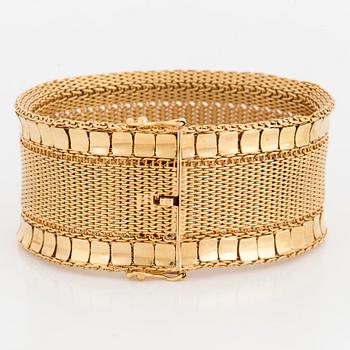 BRACELET, 18K gold, woven pattern with polished rectangular discs along the edges.