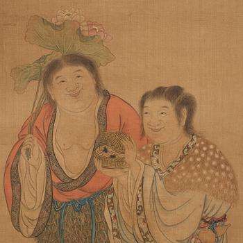 A hanging scroll, ink and colour on silk, Qing dynasty (1644-1912), signed Luo Ling.