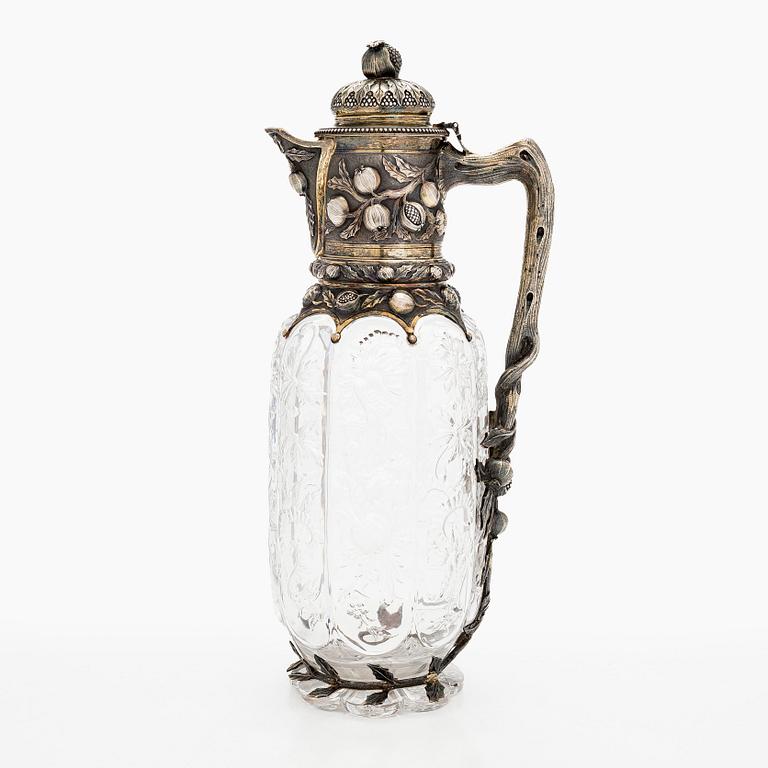 A silver mounted glass ewer, Elkington & Co, London 1884.