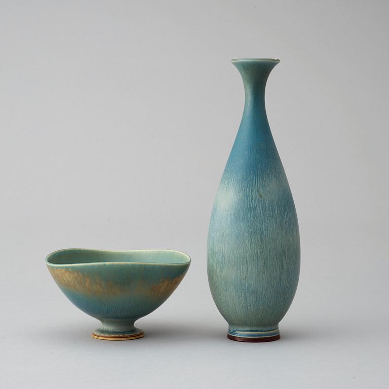 A Berndt Friberg greyish blue stoneware vase and a bowl, Gustavsberg Studio, one dated 1963.
