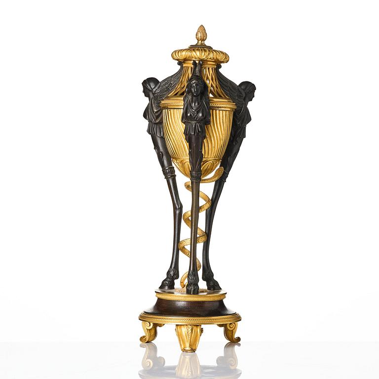 A French gilt and patinated bronze Empire-style brûle-parfum, later part 19th century.