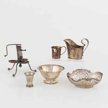 Bowls, cups, cutlery, cream jug, and candlestick, 11 pieces, silver. Including K Anderson, Stockholm 1923.