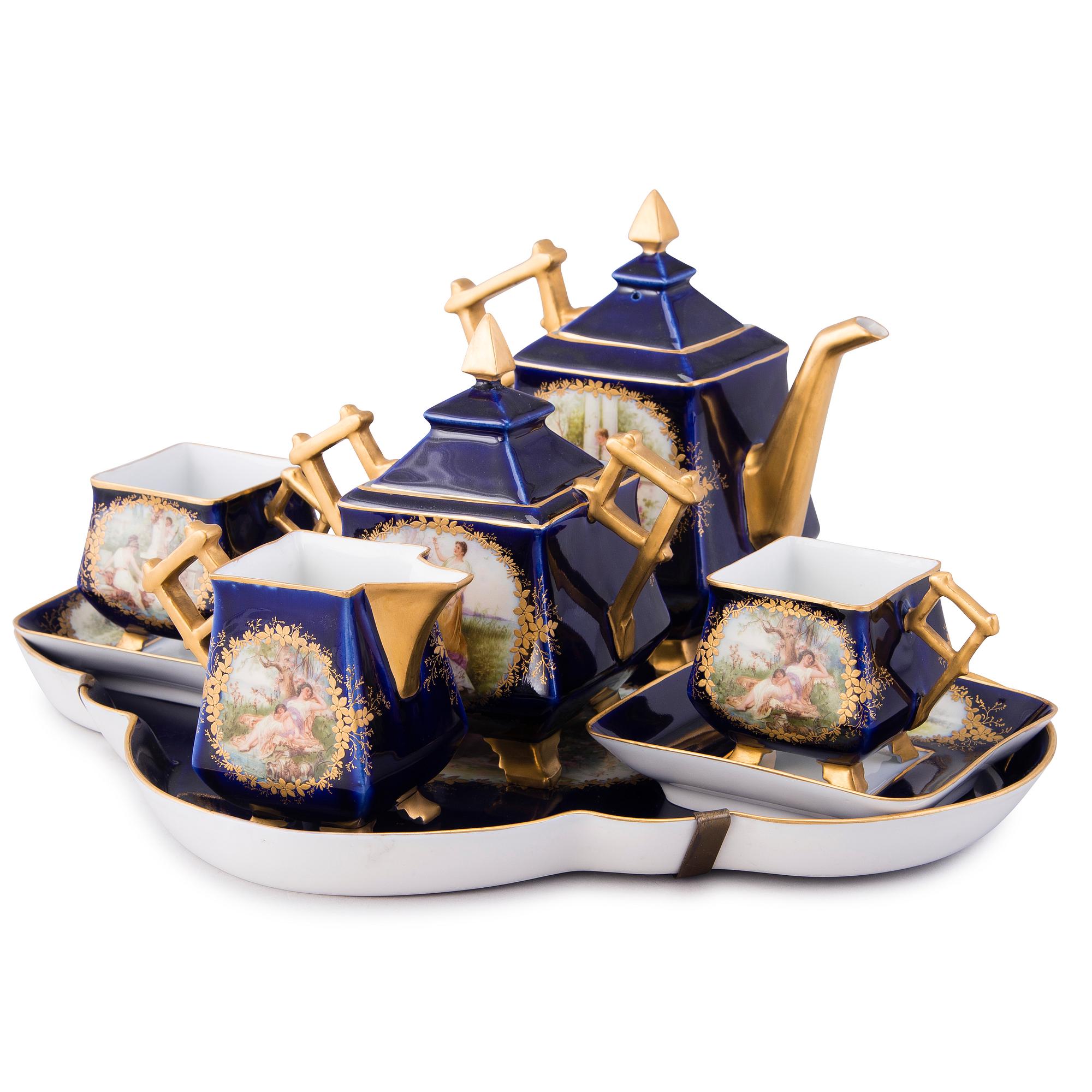 KAFFESERVIS 6 DELAR, porslin, "tête-à-tête", Kuznetsov Dulevo fabriken 1891-1917.