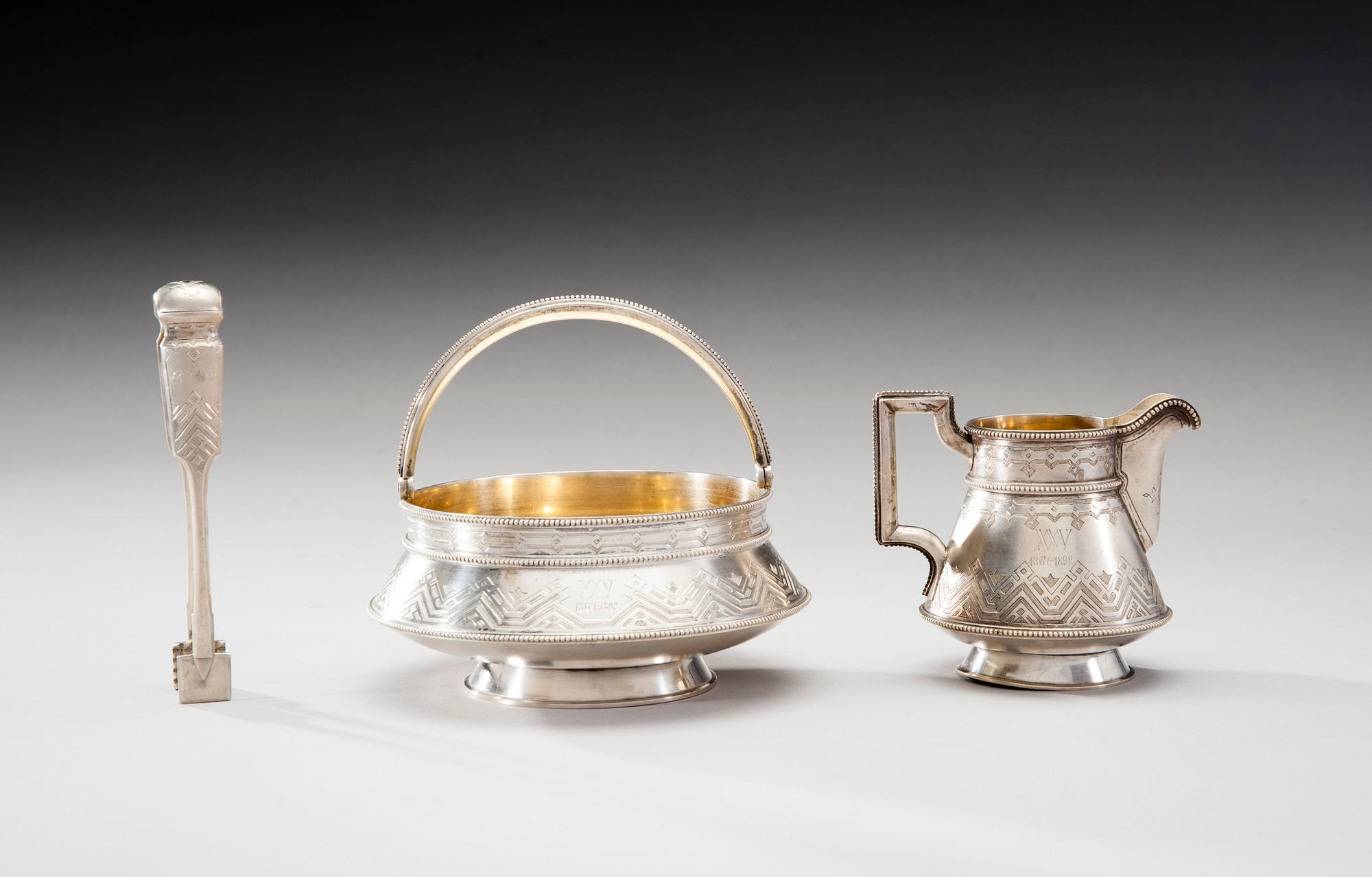 RUSSIAN SUGAR BOWL, SUGAR TONGS AND MILK JUG.