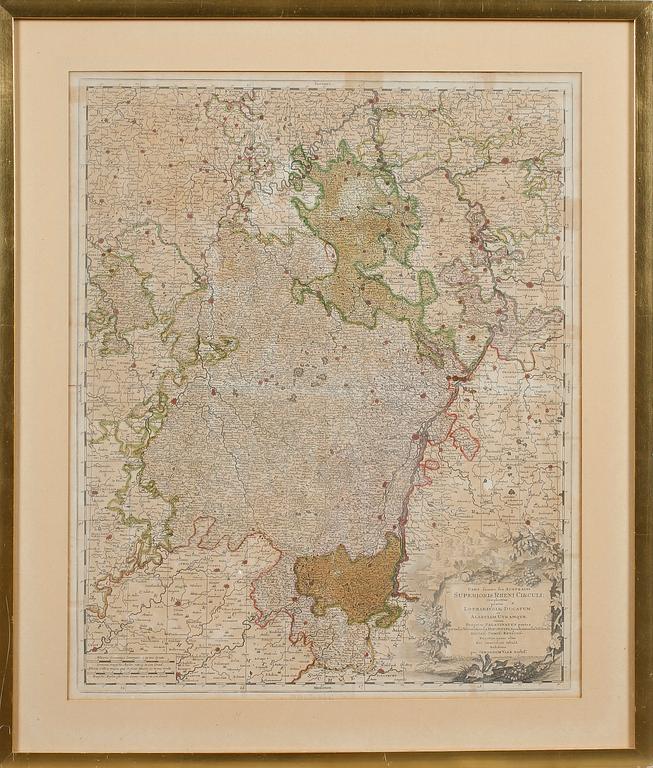 19th Century Map showing the course of the Rhine River including Strasbourg, Cologne and more by Gerard Valk.