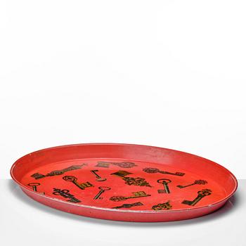 Piero Fornasetti, an oval printed and lacquered sheet metal tray, Milan, Italy, probably 1960's.