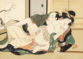 KONSTNÄR FRÅN UTAGAWA SKOLAN,
Shunga album, Japan, sen Edo (1603 - 1868) eller Meiji (1868-1912).
12 målningar på siden.