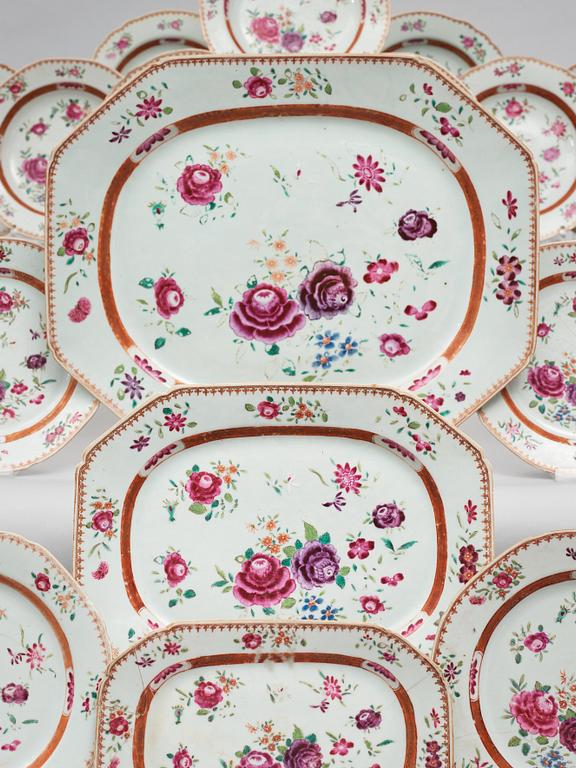 A part famille rose dinner service, Qing dynasty, Qianlong (1736-95). (comprising 28 pieces).