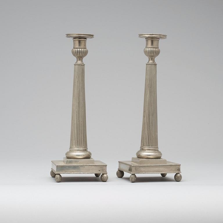 A pair of late Gustavian pewter candlesticks by H Wicksten, master 1782.