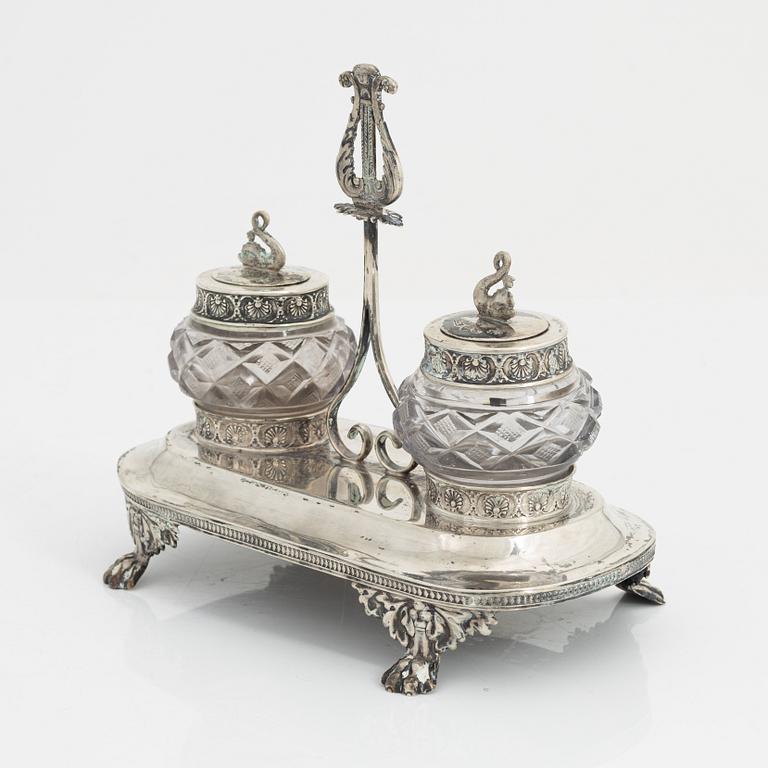 A Swedish Silver and Glass Inkwell, mark of Carl Petter Lampa, Stockholm 1828.