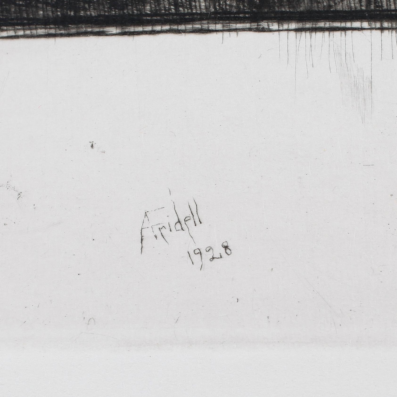 AXEL FRIDELL, etsning i bok, signerad och daterad i plåten. Bok "Axel Fridell, ett konstnärsliv" av Karl Asplund.