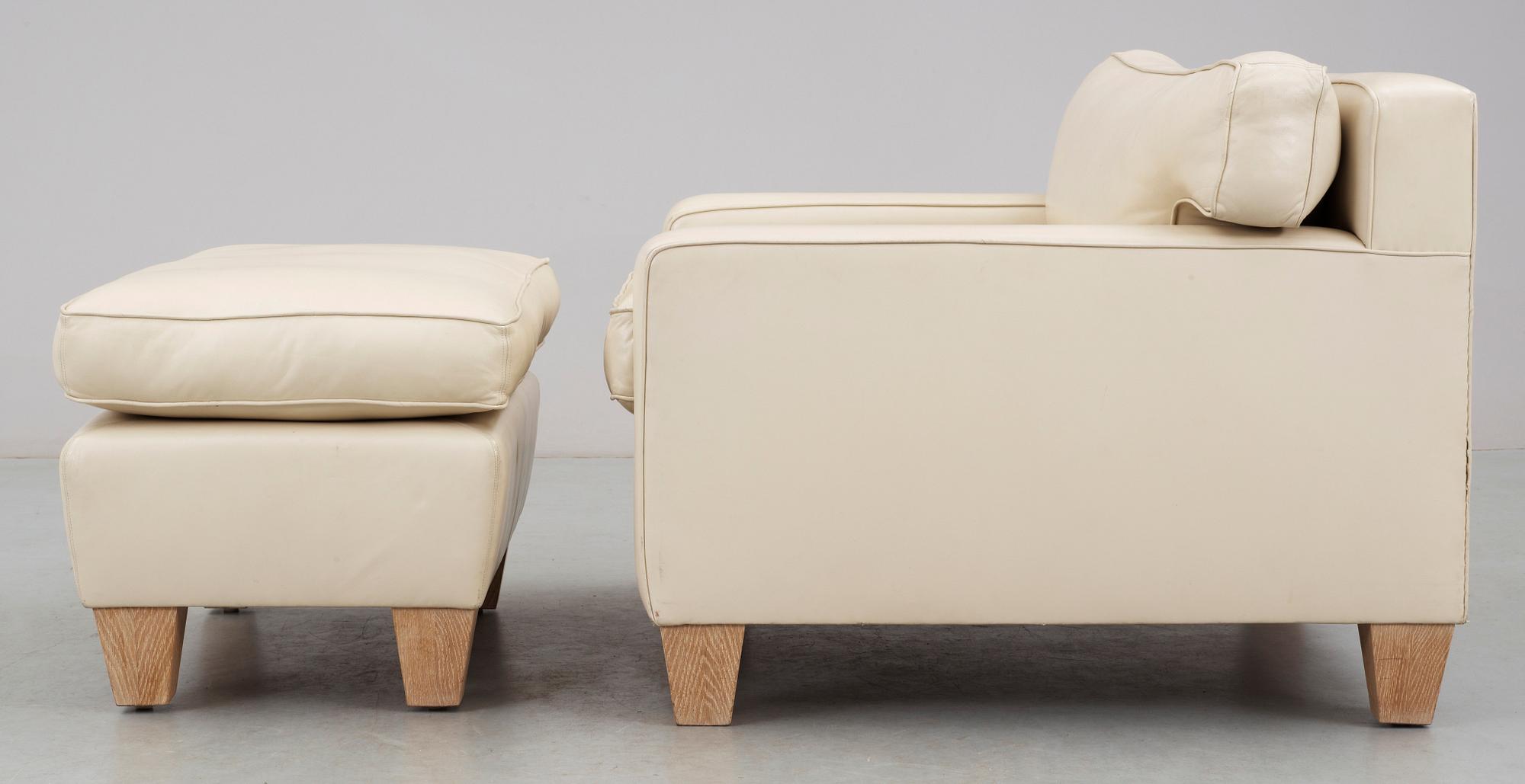 FÅTÖLJ med FOTPALL, formgiven av Jean-Michel Frank, Frankrike. 1900/2000-tal.