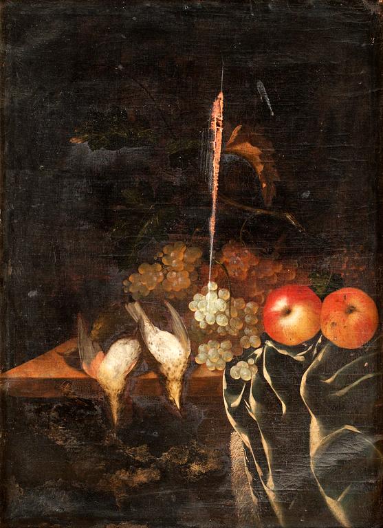 Johann Georg Hinz Hans efterföljd, Stilleben med kramsfåglar och frukter.