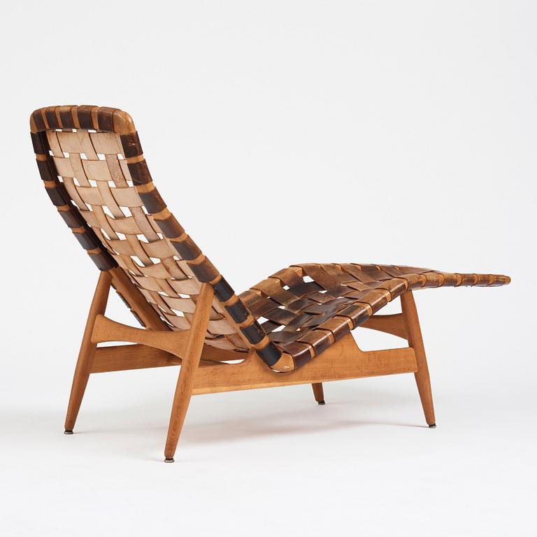 Arne Vodder, a teak chaise longue with black leather straps, Bovirke Denmark 1950's.