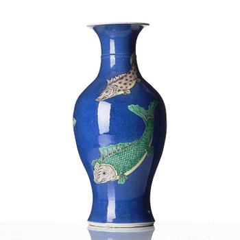 A powder blue and enamelled 'fish' vase, late Qing dynasty.