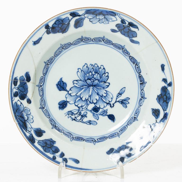 A group of three Chinese blue and white porcelain serving dishes and five dessert plates, Qing dynasty, Qianlong(1736-95.