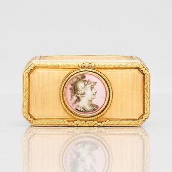 Dosa, guld en deux couleurs och emalj, sannolikt Hanau sent 1700-tal.