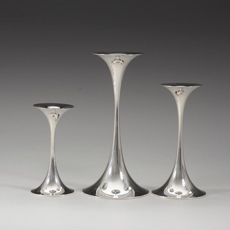 A set of three Tapio Wirkkala silver candlesticks Kultakeskus, Finland 1978.