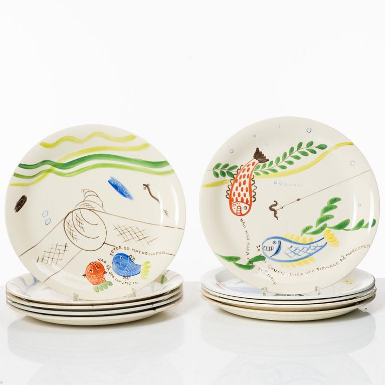 Stig Lindberg, twelve 'Löja' plates, Gustavsberg.