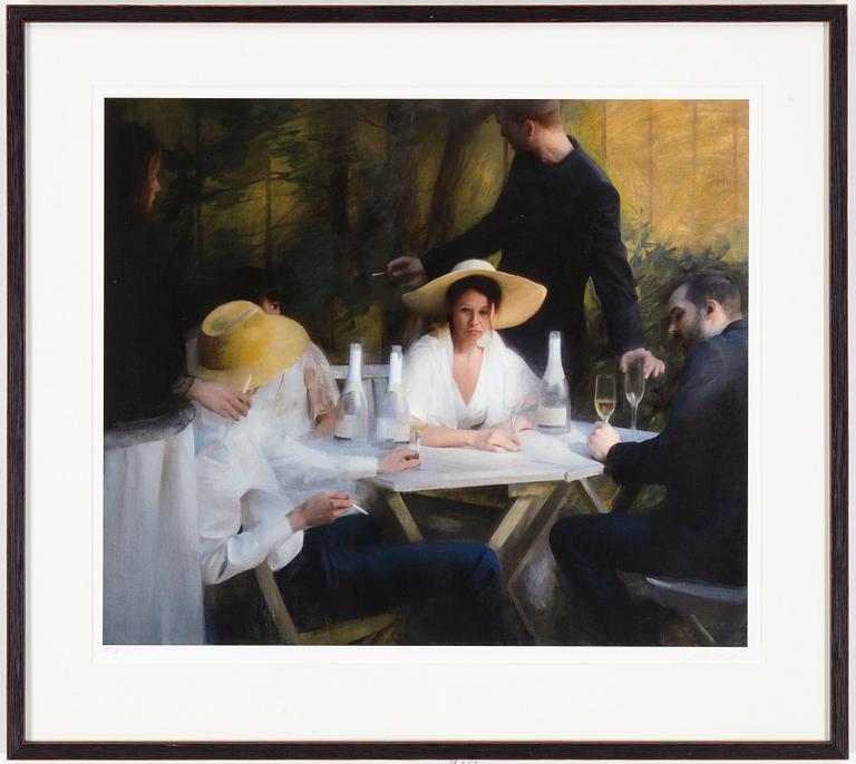 NICK ALM, färglitografi, "Champagne breakfast". Signerad och numrerad 15/90.