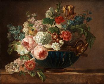 1105. Pieter Faes Circle of, Still life with roses, primulas, ranunculus, hollyhocks, hydrangeas, guelder-rose and tulip.