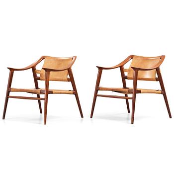 Adolf Relling & Sigurd Resell, a pair of teak and leather "56/2 Bambi-series armchairs, Norway 1950's-60's.