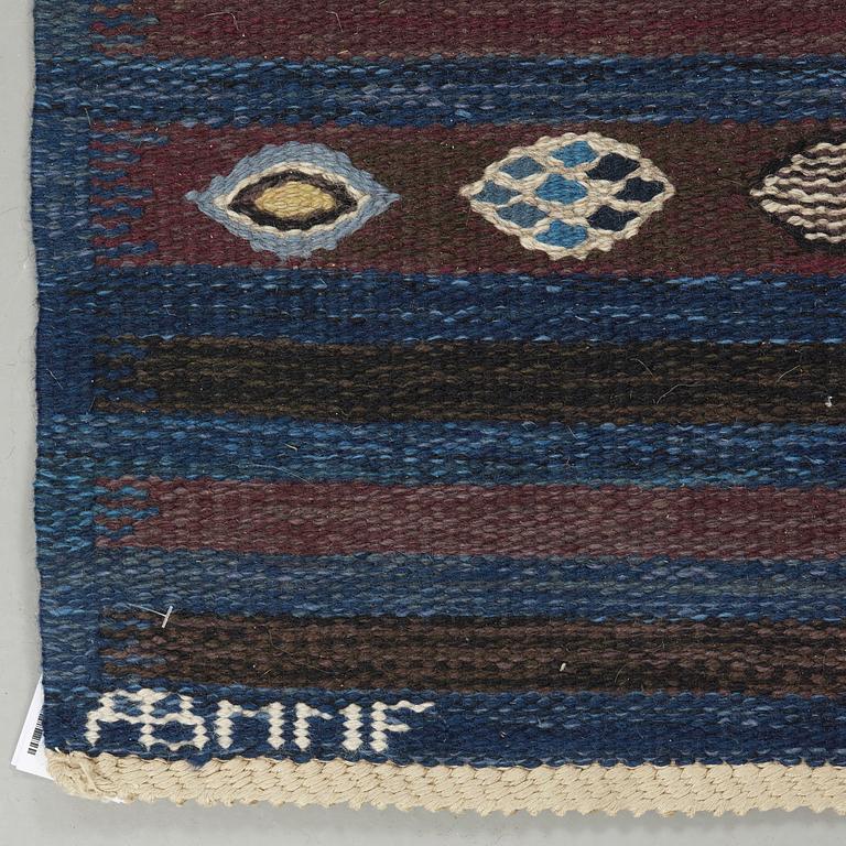 BARBRO NILSSON, carpets, 2 pieces, flat weave, 238,5 x 101 resp. 181,5 x 81 cm, "Blåbär, mörk", signed AB MMF BN.