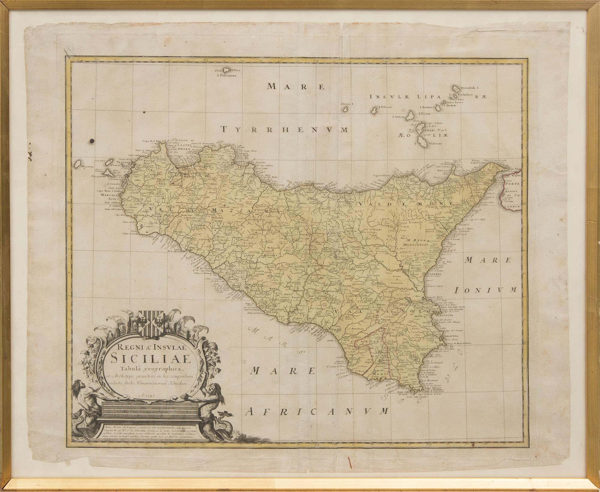 KARTA, kolorerad, "Regni & Insulae Siciliae" Nürmberg 1747.