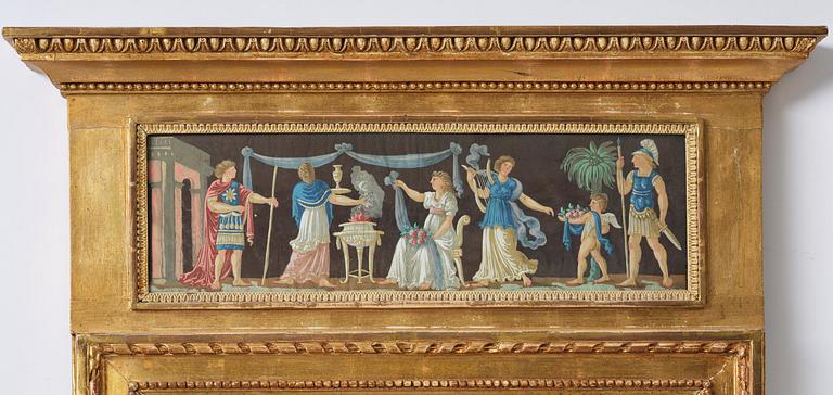 A late Gustavian giltwood and gouache-inset mirror, Stockholm, late 18th century.