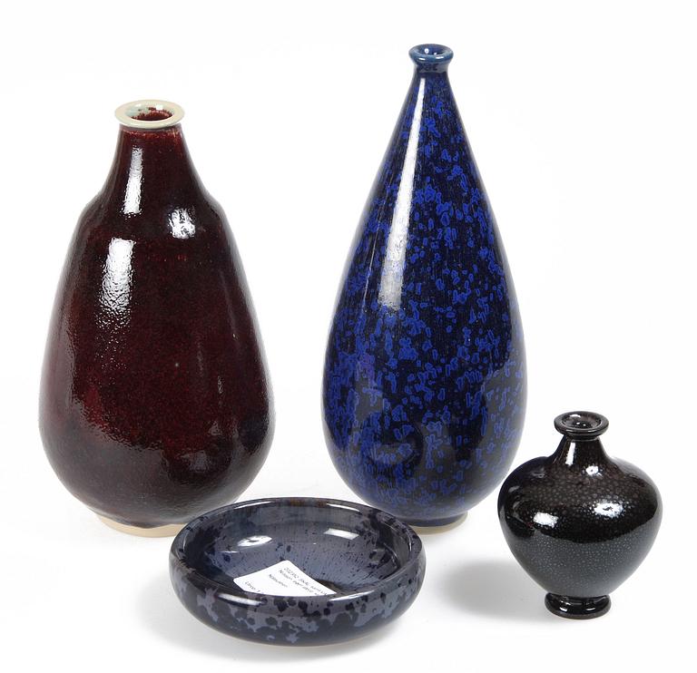 SKÅL, samt VASER, 3 st, stengods, Roger Nilsson, egen ateljé, sign, 1980-tal.