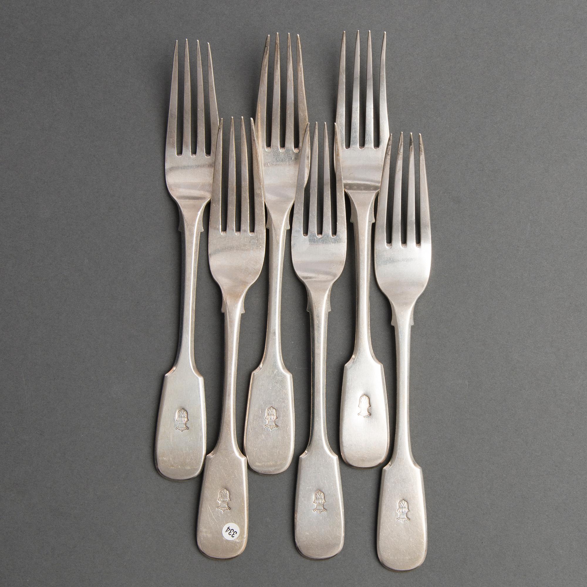 A set of six silver dinner forks, Saint Petersburg 1859-1860, C.J. Tegelsten's widow.