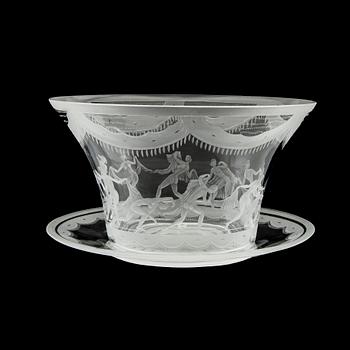 Simon Gate, glass with saucer, "Slöjdansen", Orrefors engraver Krister Eriksson 1984.