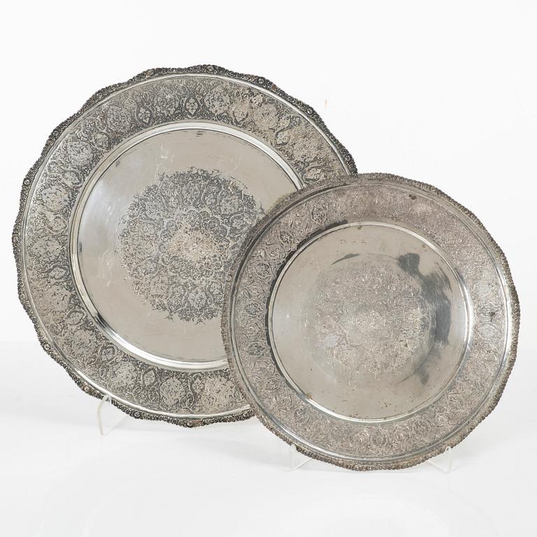 Two Persian silver trays, 20th century.