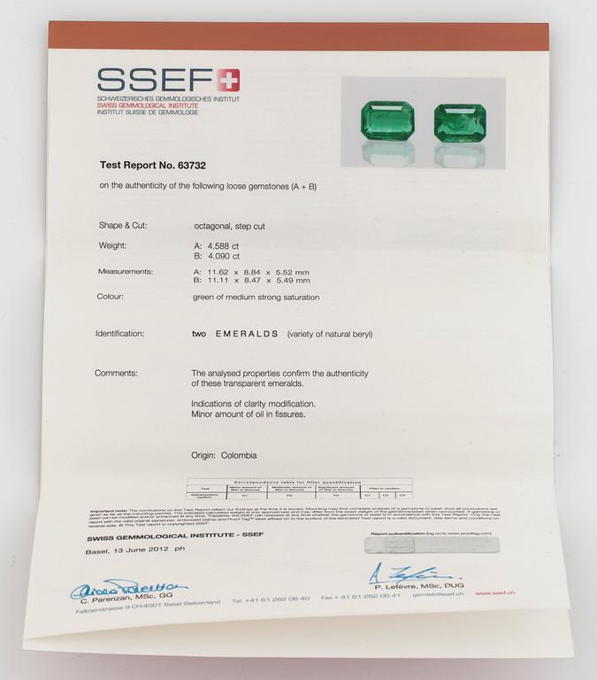 ÖRHÄNGEN med smaragder (minor oil) och gammalslipade diamanter totalt ca 6.00 ct. Certifikat från SSEF.