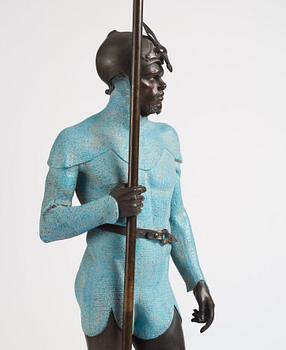 A bronze sculpture of a man in armour, late 19th century.