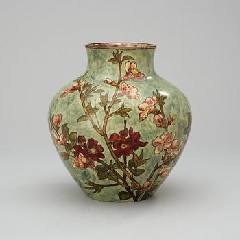 A John Bennett art pottery vase, painted with cherry blossom branches, New York 1880.