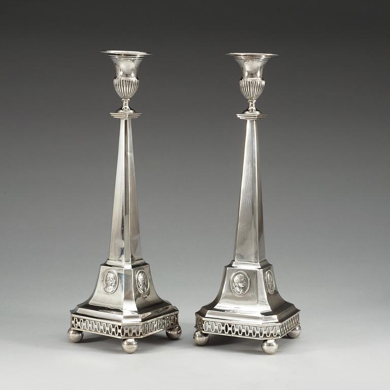 A pair of Swedish 18th century silver cantlesticks, makers mark of Anders Fredrik Weise, Stockholm 1797.