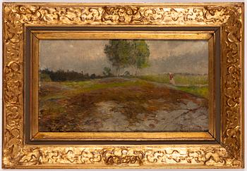 Gustaf Fjaestad, Summer Landscape with a strolling woman.