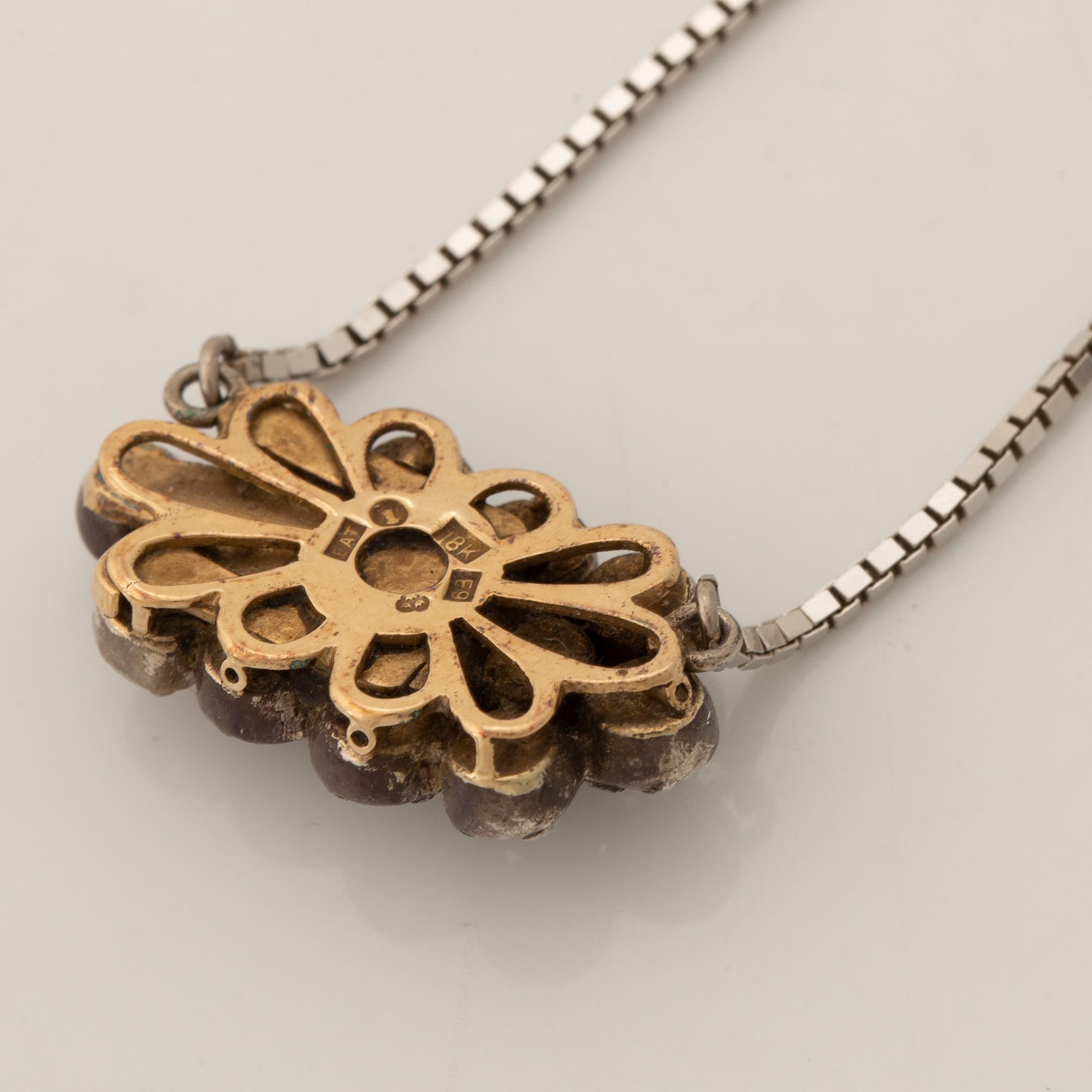 Pearl and rose cut diamond pendant, with chain.