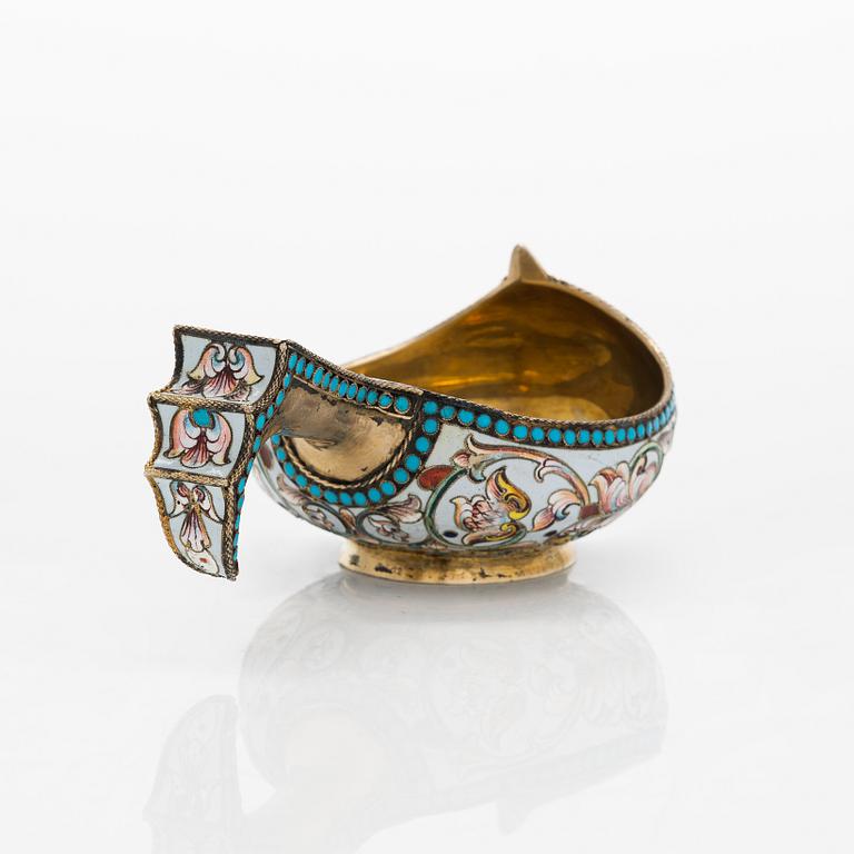 A gilt silver cloisonné enamel kovsh, unidentified Cyrillic maker's mark IGT, Moscow  1898-1914.