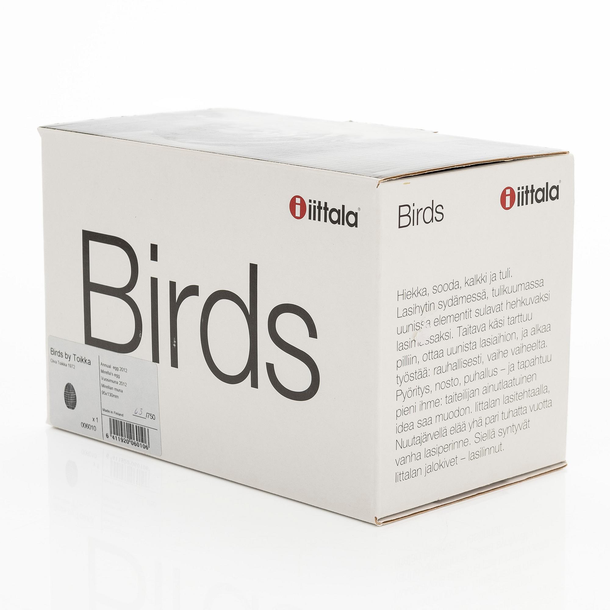 Oiva Toikka, An annual egg, 'Mirella's egg',  signed O. Toikka Nuutajärvi 2012, 65/750.