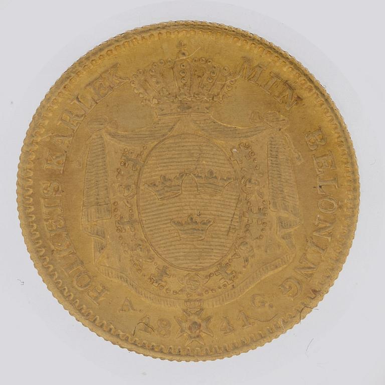 A gold 1 ducat coin Karl XIV Johan of Sweden, 1841.