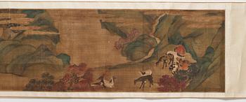 A long scroll painting after Zhao Yong (Zhao Zhongmu 1289-1369), ink and colour on paper and on silk, Qing dynasty.
